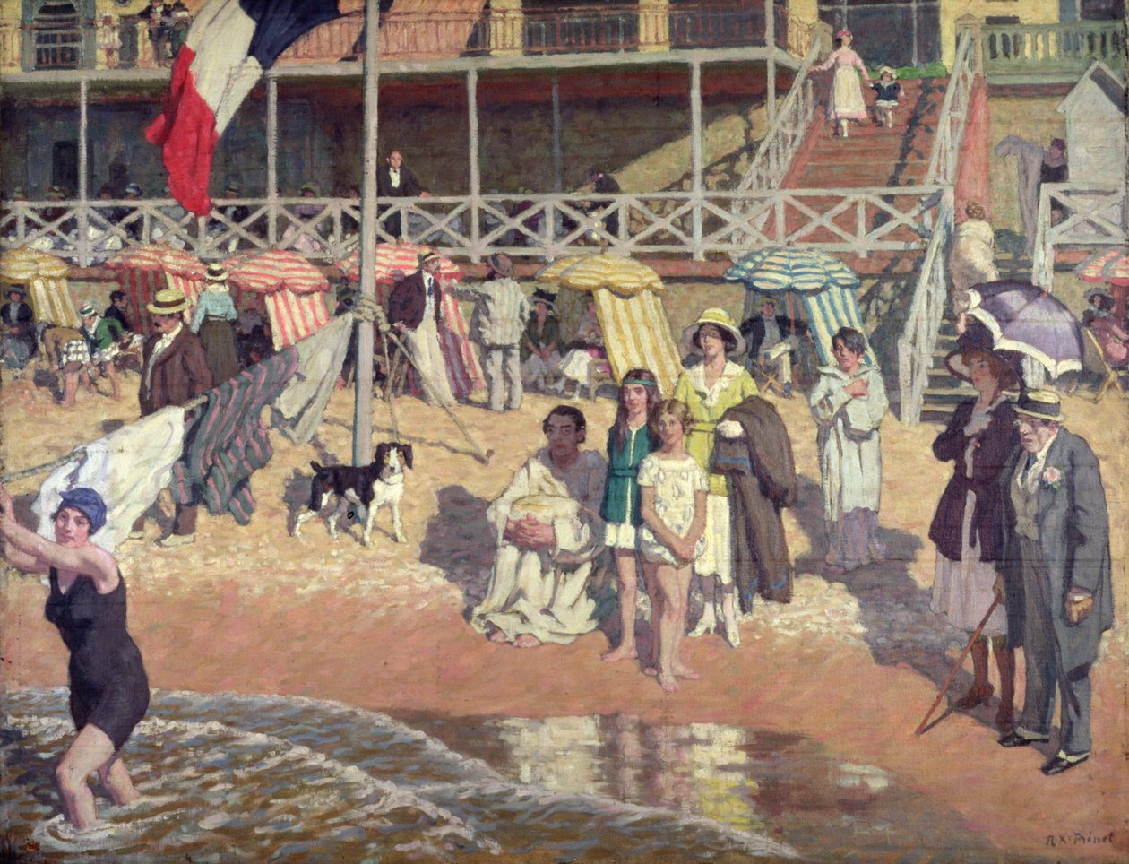 Banhistas em frente ao Grand Hotel, Cabourg, c.1920 (óleo sobre painel) 作： ルネ・フランソワ・ザビエル・プリネ