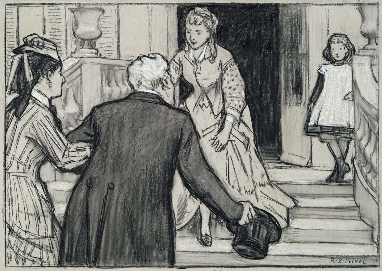 Vierailu, kuvitus Rene Boylesven La Jeune Fille Bien Eleveestä (mustavalkoisia liituja paperilla) 作： ルネ・フランソワ・ザビエル・プリネ