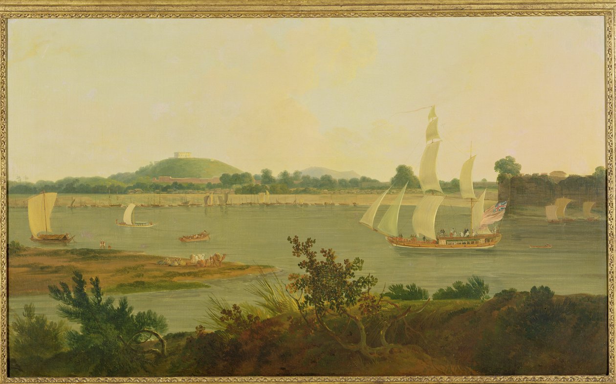モンギル要塞を過ぎてガンジス川を下っていくピンナセス、1791年頃 作： エドワード・トーマス・ダニエル牧師