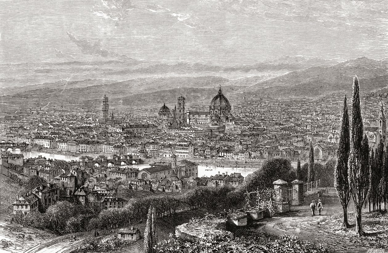 19世紀後半、サン・ミニアートのテラスから見たイタリア、トスカーナ州フィレンツェの風景。1890年頃に出版されたサミュエル・マニング師によるイタリア絵画より。 作： サミュエル・マニング牧師