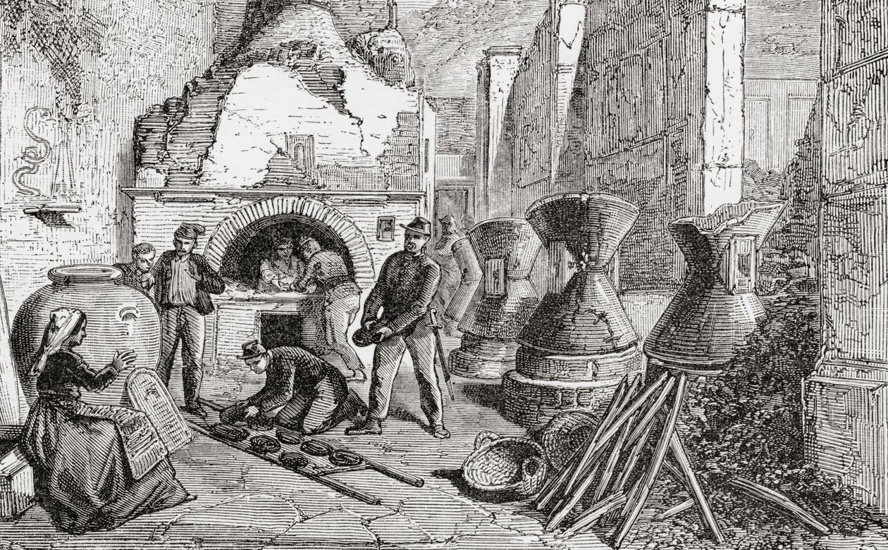 19世紀後半、イタリア、ナポリのポンペイの発掘調査で発見されたパン焼き窯、パン工場、製粉工場。1890年頃に出版されたサミュエル・マニング師によるイタリアの写真より。 作： サミュエル・マニング牧師