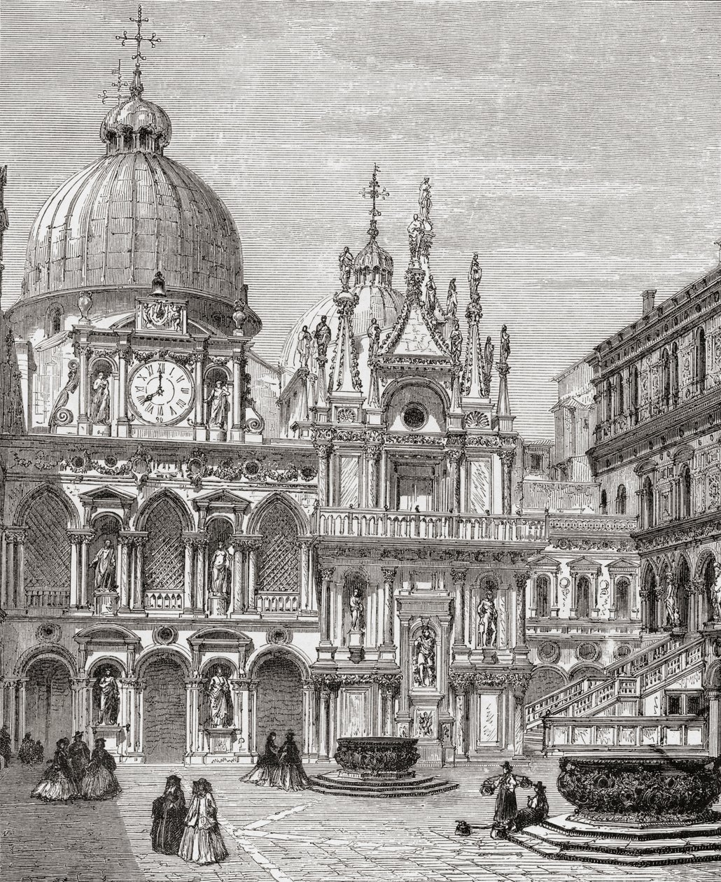 世紀後半のイタリア、ヴェネツィア、ドゥカーレ宮殿の中庭。1890年頃に出版されたサミュエル・マニング師によるイタリア絵画より。 作： サミュエル・マニング牧師