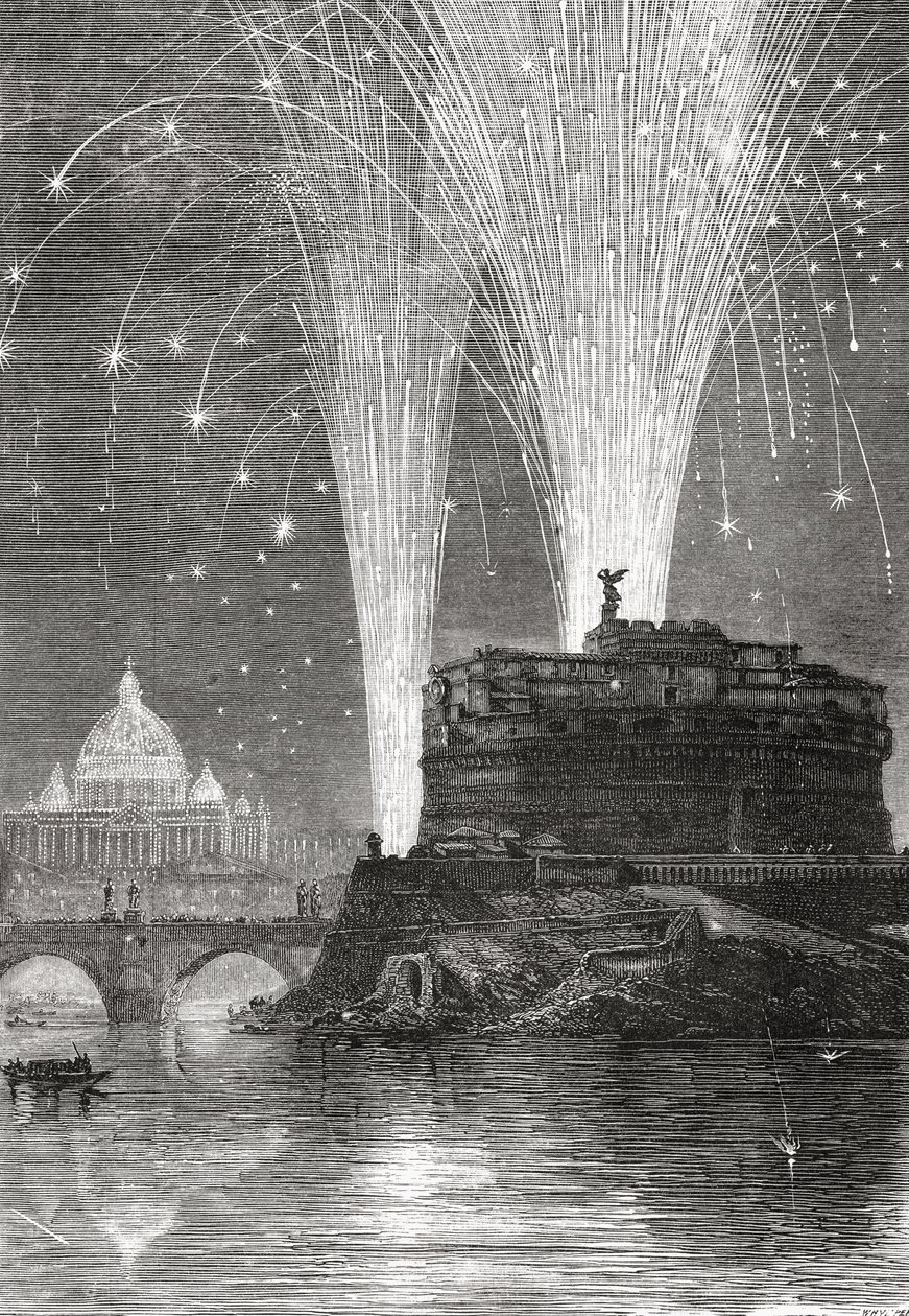 19世紀後半のイタリア、ローマ、サンタンジェロ城の聖ペテロのイルミネーションと花火大会。1890年頃に出版されたサミュエル・マニング師によるイタリアの写真より。 作： サミュエル・マニング牧師
