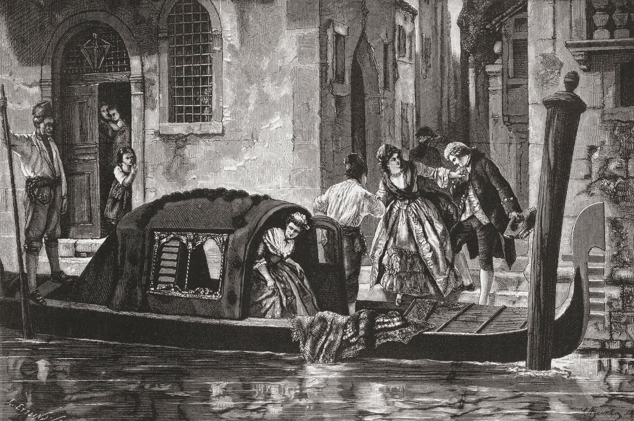 19世紀後半のイタリア、ヴェネツィア、大運河でゴンドラから降りる乗客たち。1890年頃に出版されたサミュエル・マニング師によるイタリアの写真より。 作： サミュエル・マニング牧師