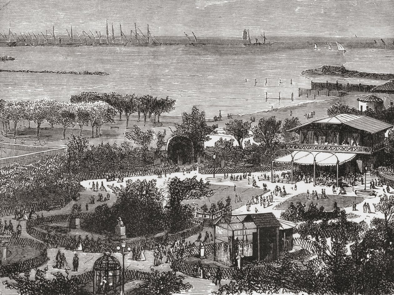 19世紀後半のイタリア、トスカーナ州リヴォルノ（別名レグホルン）の公共庭園と道路。1890年頃に出版されたサミュエル・マニング師によるイタリアの写真より。 作： サミュエル・マニング牧師