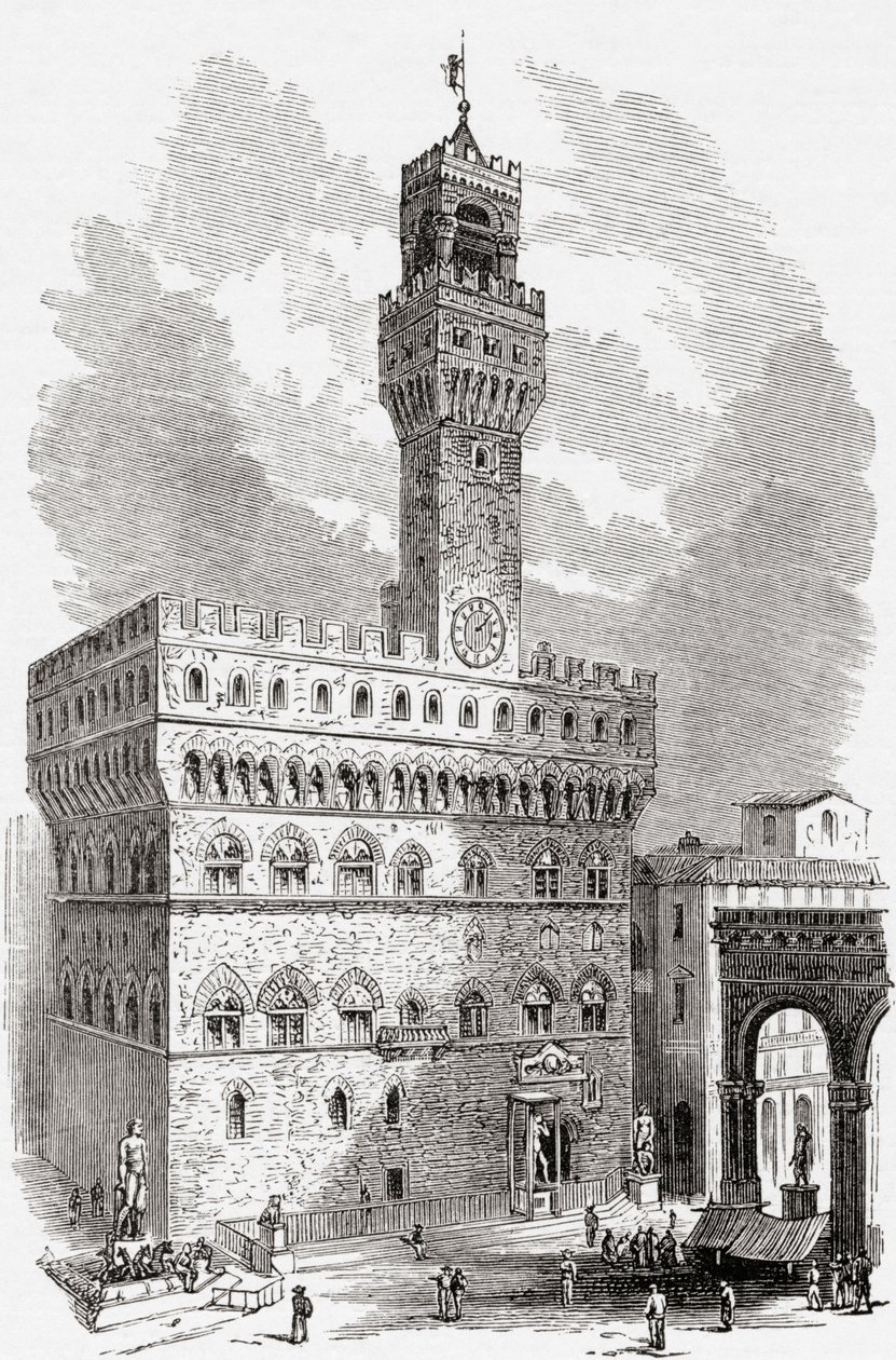 19世紀後半のイタリア、トスカーナ州フィレンツェ、ヴェッキオ宮殿。1890年頃に出版されたサミュエル・マニング師によるイタリアの写真より。 作： サミュエル・マニング牧師
