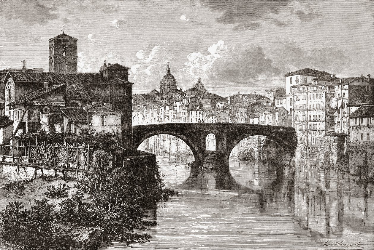 19世紀後半のイタリア、ローマ、ポンス・ファブリキウス（四つ橋）とテヴェレ島。1890年頃に出版されたサミュエル・マニング師によるイタリアの写真より。 作： サミュエル・マニング牧師