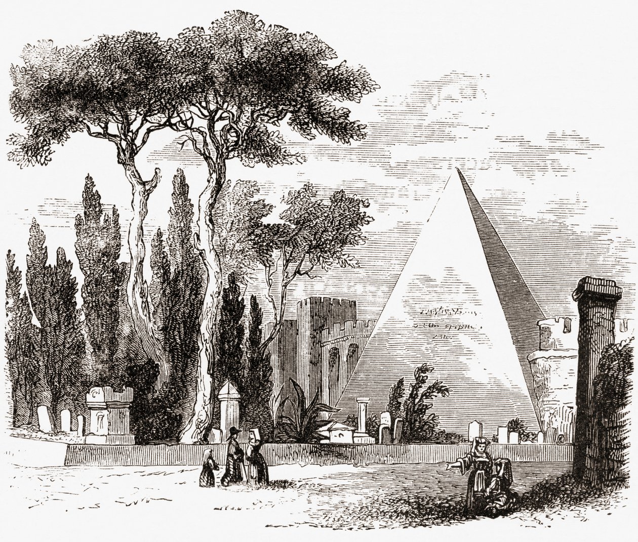 19世紀後半のイタリア、ローマ、プロテスタント墓地とセスティウスのピラミッド。1890年頃に出版されたサミュエル・マニング師によるイタリアの写真より。 作： サミュエル・マニング牧師
