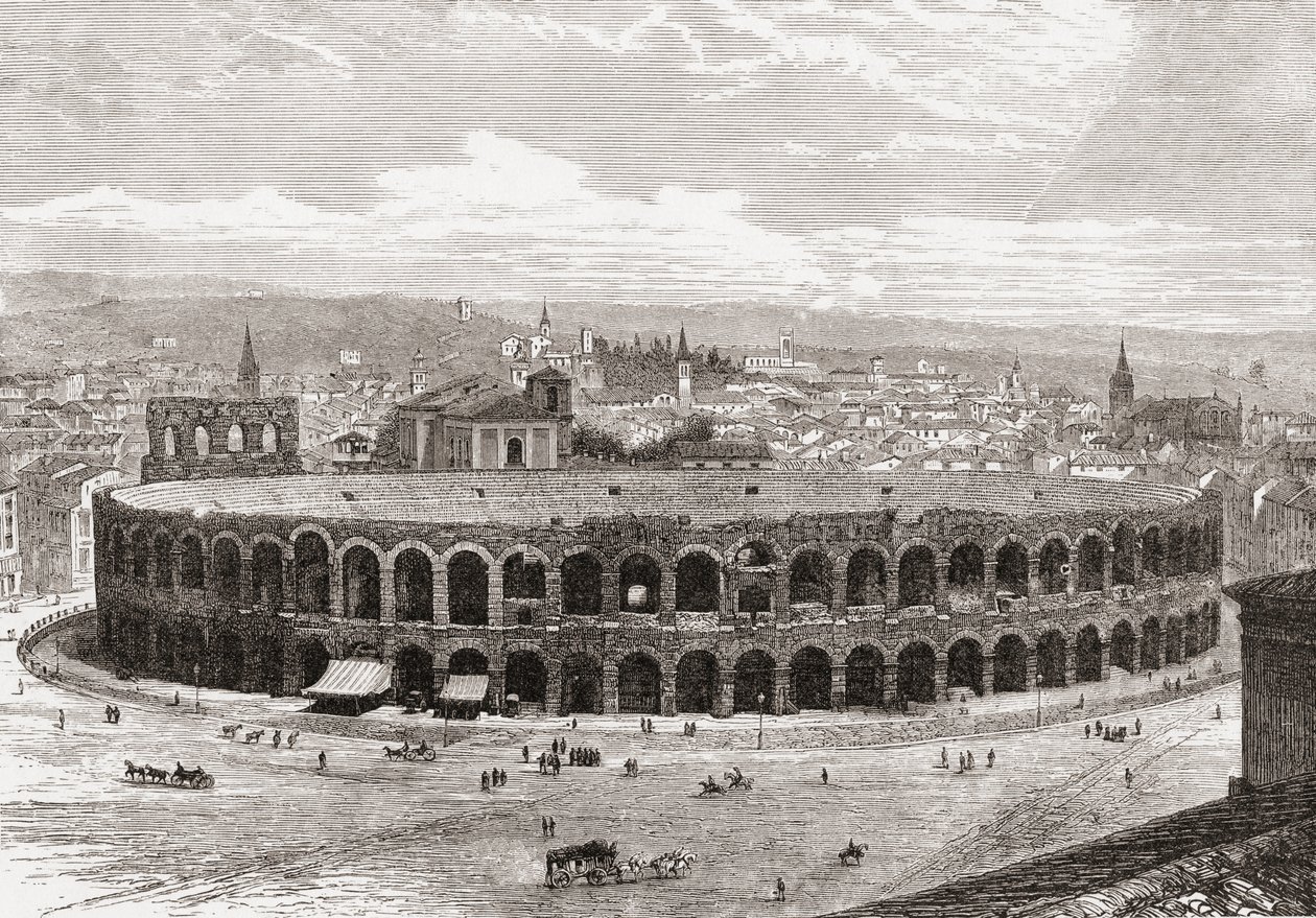 19世紀後半のイタリア、ヴェローナのアレーナ、ブラ広場。1890年頃に出版されたサミュエル・マニング師によるイタリアの写真より。 作： サミュエル・マニング牧師