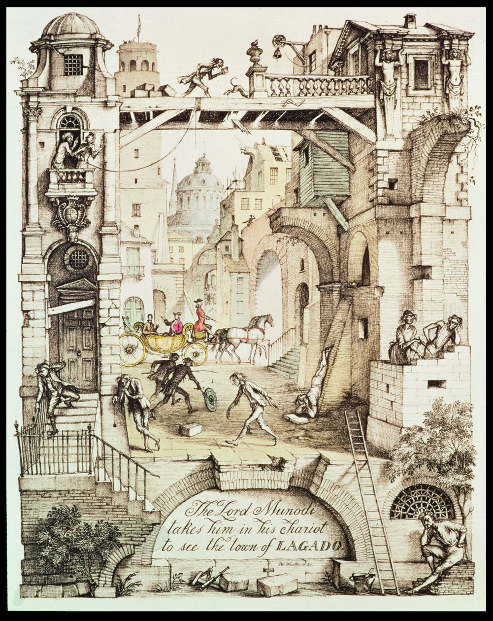 ジョナサン・スウィフト（1667-1745）による「ガリバー旅行記」のイラスト「ムノディ卿がラガドの町を見るために戦車で彼を連れて行く」 作： レックス・ウィスラー
