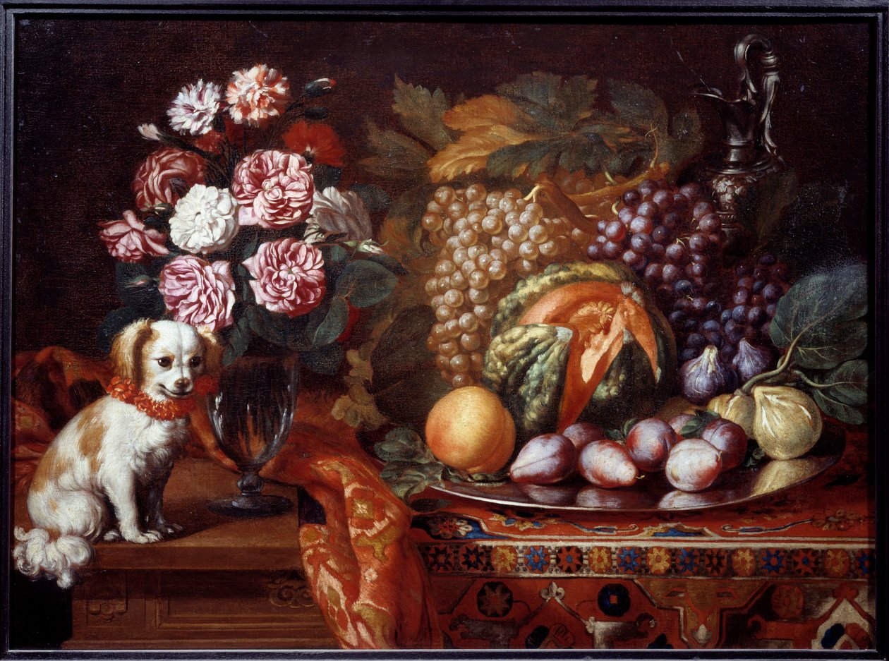 ドワーフ・スパニエルのある静物。 ルノー・ルヴューによる絵画は、レイノー・ルヴュー（c.1625-1690）と言った 作： レイノー・ルビユー
