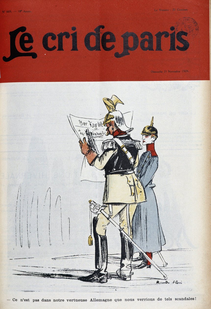 不祥事を告発する新聞を読むドイツ皇帝（？）、フロレス＝クーヴ作。1909年11月21日の "Le Cree de Paris"。 作： リカルド・フローレス