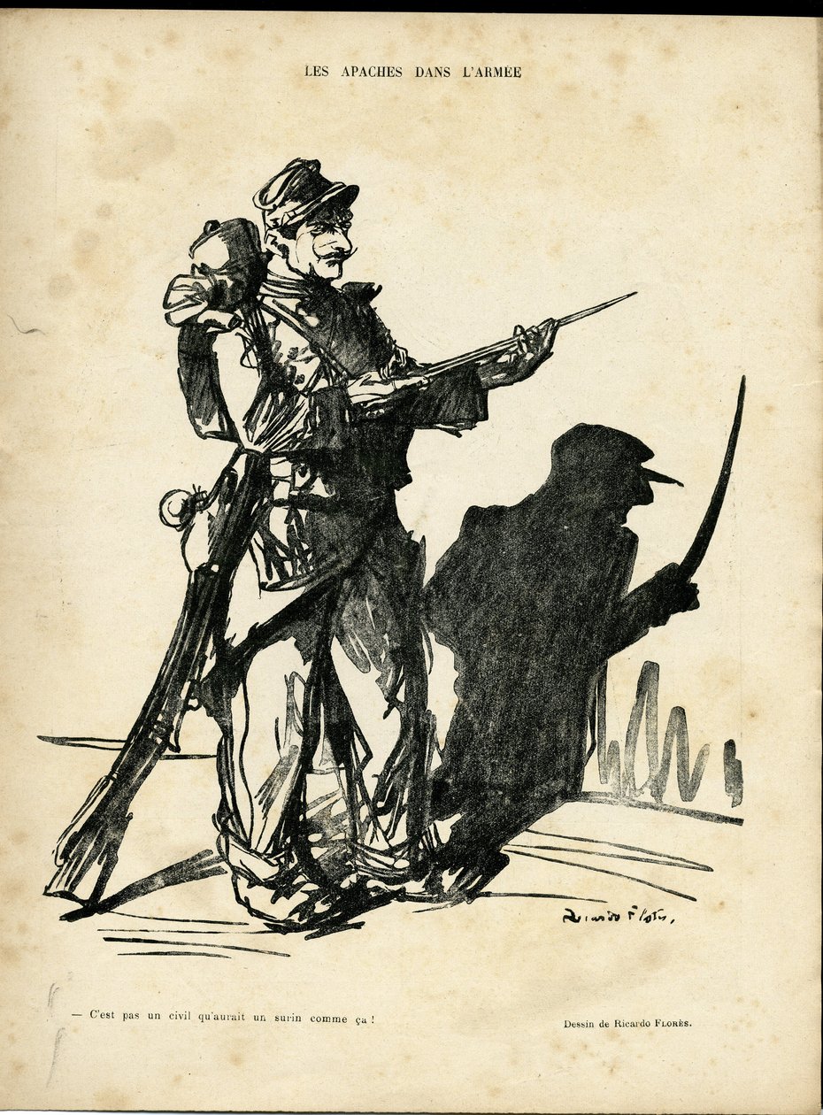 リカルド・フローレス（1878-1918）によるイラスト（Le Lire, 22/01/10） - 軍隊の中のアパッチ - 近接するアパッチ - 影と光 作： リカルド・フローレス