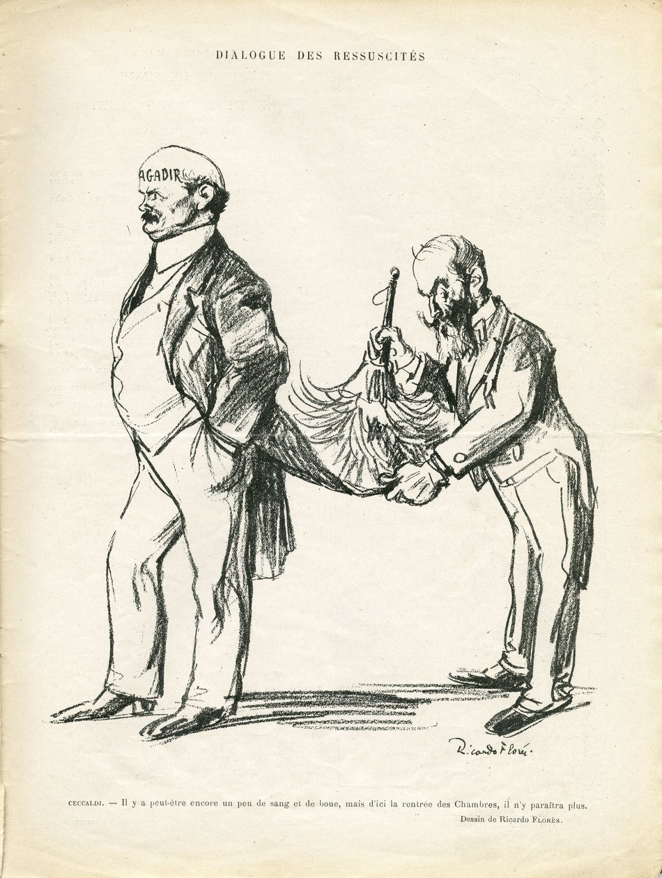 リカルド・フローレス（1878-1918）によるイラスト（Le Rire誌、09/05/14） - レッスキュテスの対話 - モロッコ、アガディール、チェッカルディ 作： リカルド・フローレス