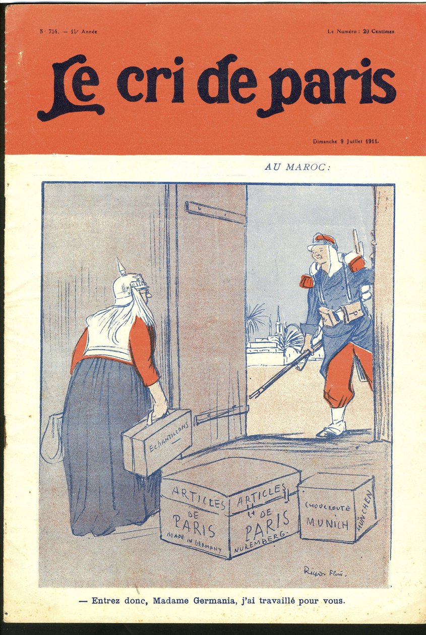 Le Cri de Parisの表紙のためのRicardo Flores (1878-1918)のイラスト、09/07/11 - "Enter so dear madam, I have worked for you.".- ドイツプロイセン、モロッコ、マグレブ、ゲルマニア 作： リカルド・フローレス