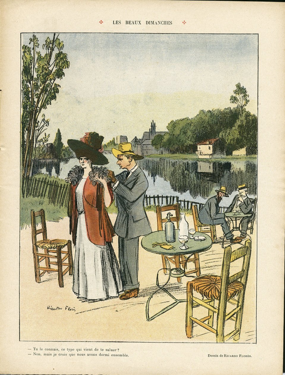Ricardo Flores (1878-1918) のイラスト、Le Rire, 04/07/08 - 美しい日曜日 - レジャー、自然、植生、建築、都市、レストラン、カフェ、海事、海辺 作： リカルド・フローレス