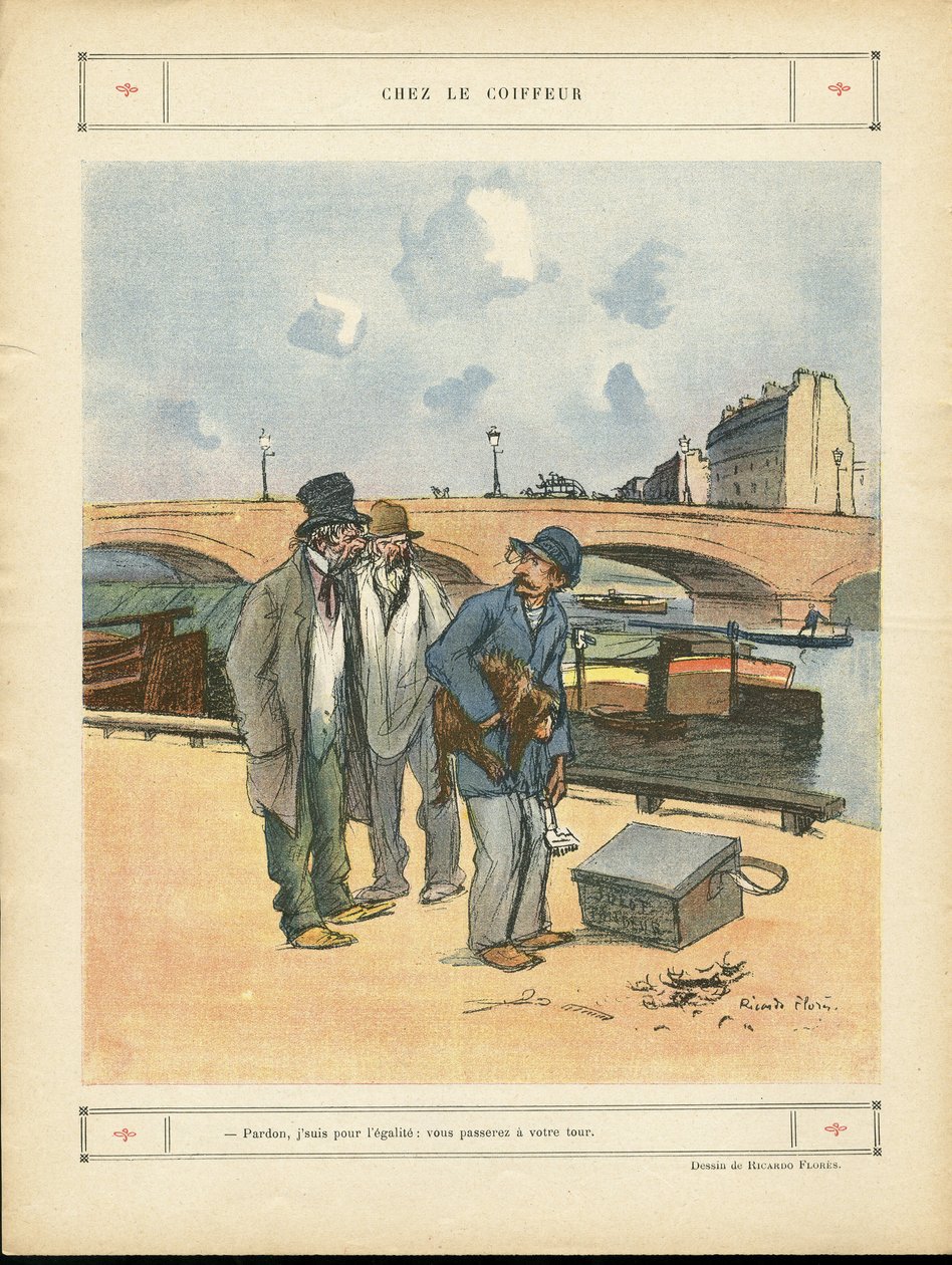 Le Rire』誌のリカルド・フローレス（1878-1918）のイラスト（05/10/12） - Chez le coiffeur - Paris, Metiers, Architecture Urbanisme, Pont, Riviere Fleuve - Dog, Hairdresser 作： リカルド・フローレス