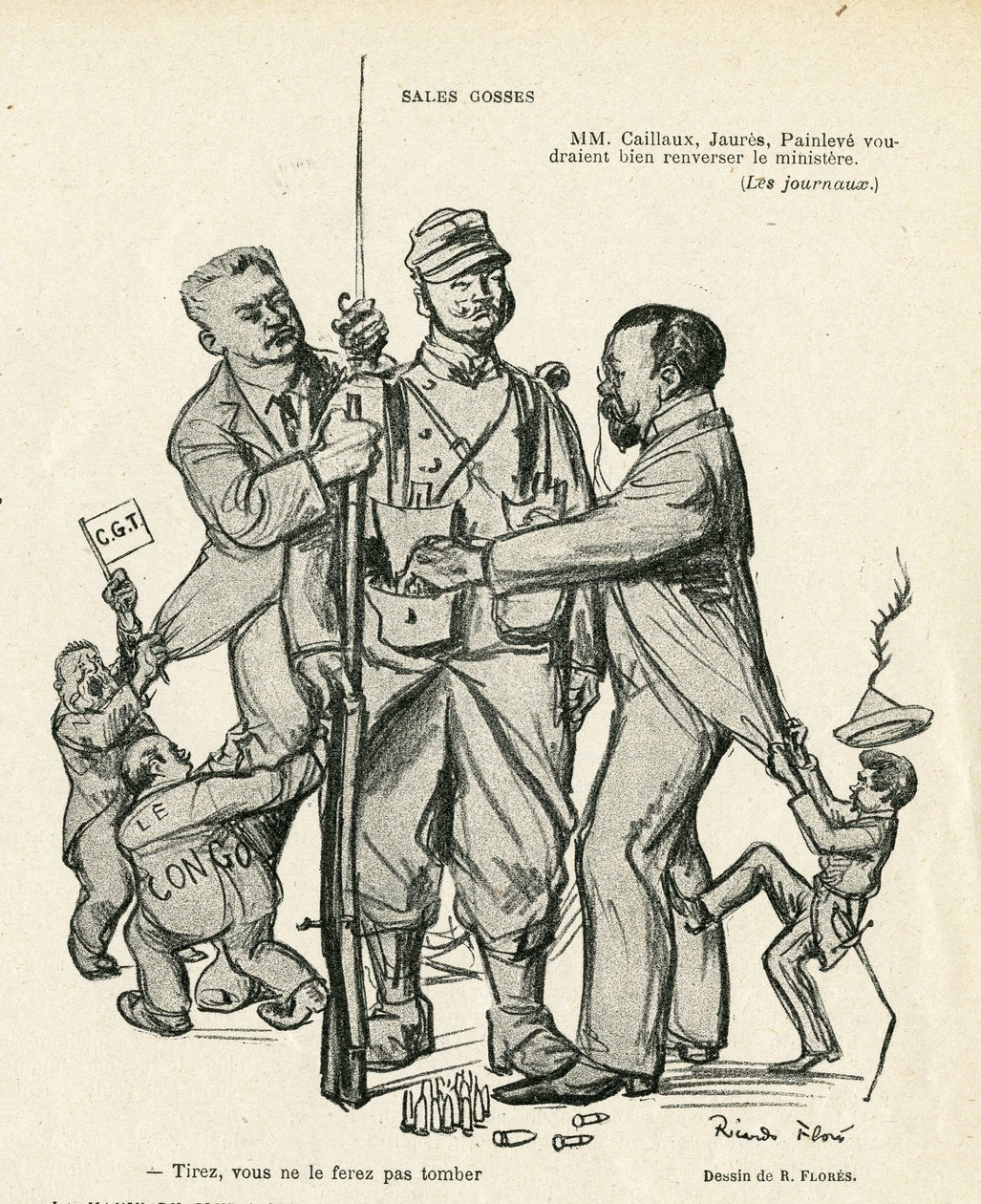 リカルド・フローレス（1878-1918）のイラスト（Le Rire, 21/06/13） - Sales kidses - Army, Military Service, Socialism - Jaures Jean, Caillaux Joseph (1863-1944), Painleve Paul (1863-1933) 作： リカルド・フローレス