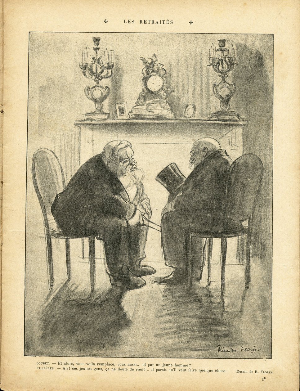 22/02/13付『Le Rire』紙に掲載されたリカルド・フローレス（1878-1918）のイラスト - 年金 - 共和国大統領 - ファリエス・アルマン（1841-1931）、ルベ・エミール 作： リカルド・フローレス