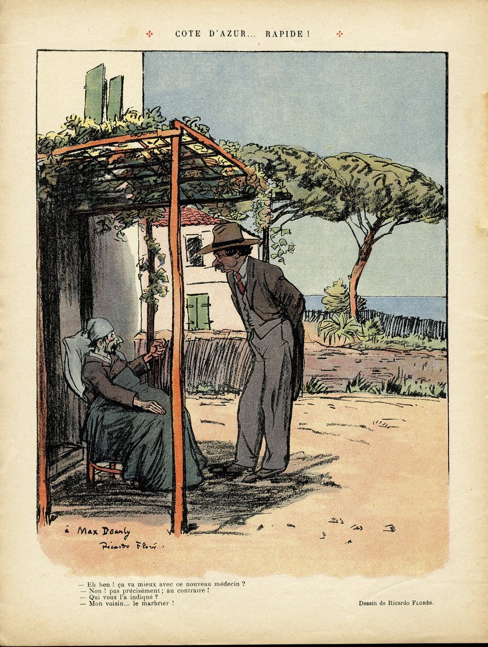 24/02/12のLe Rire紙に掲載されたリカルド・フローレス（1878-1918）のイラスト - コートダジュール...迅速 - 医療, 田舎, 海, 海辺, 下働き, コートダジュール 作： リカルド・フローレス