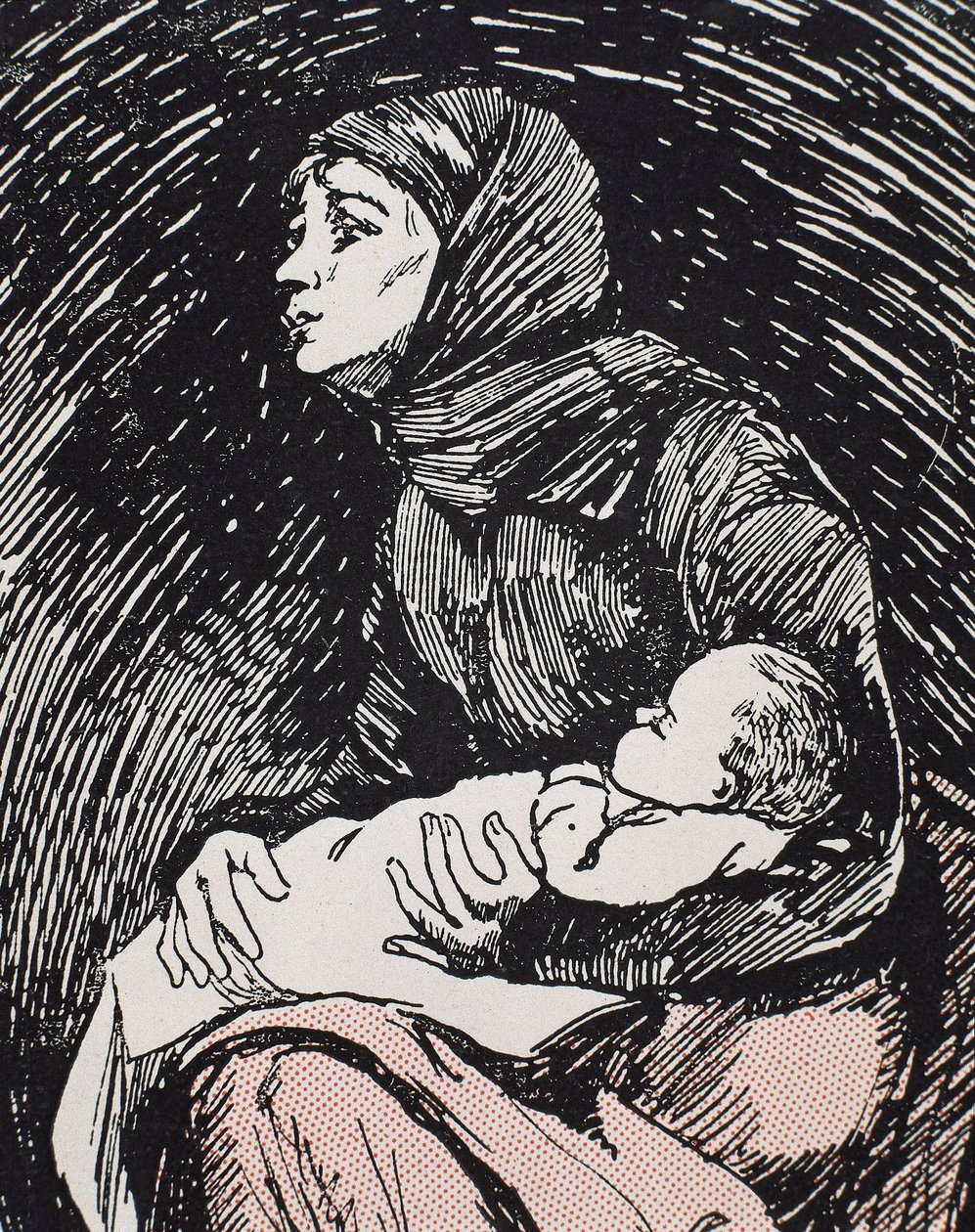 クリスマス・イブ1900.子供を抱きかかえた痩せた女性(エングレービング) 作： リカルド・マリア・ナバレテ