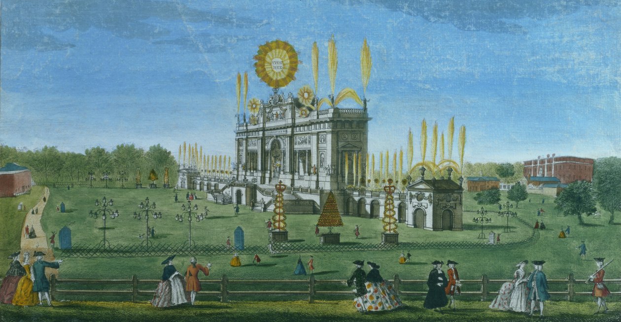 1749年にポールアンジェによって彫刻された貯水池から撮影したグリーンパークの花火の建物の透視図 作： リチャードブルックス
