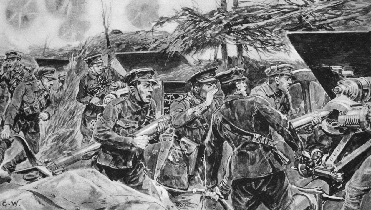 「口を開いたままにしてください！」 1916年の「イラストレイテッドウォーニュース」から、銃が攻撃されているときは常に必要な命令 作： リチャード・カトン・ウッドビル・ジュニア