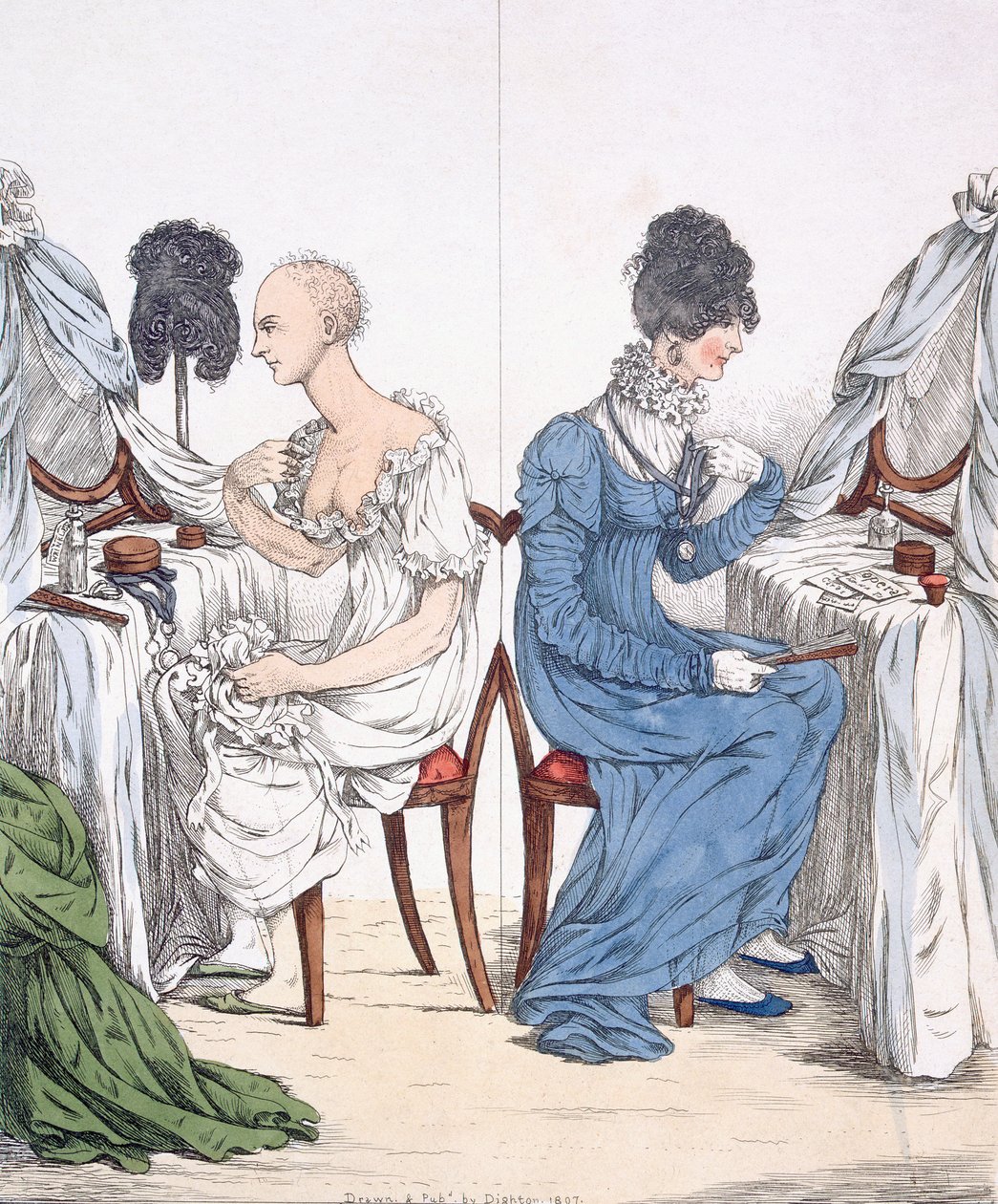 おしゃれな女性、パブ。 1807（カラーエッチング）88：かつらとガウンのないリージェンシーベル。 作： リチャード・ダイトン
