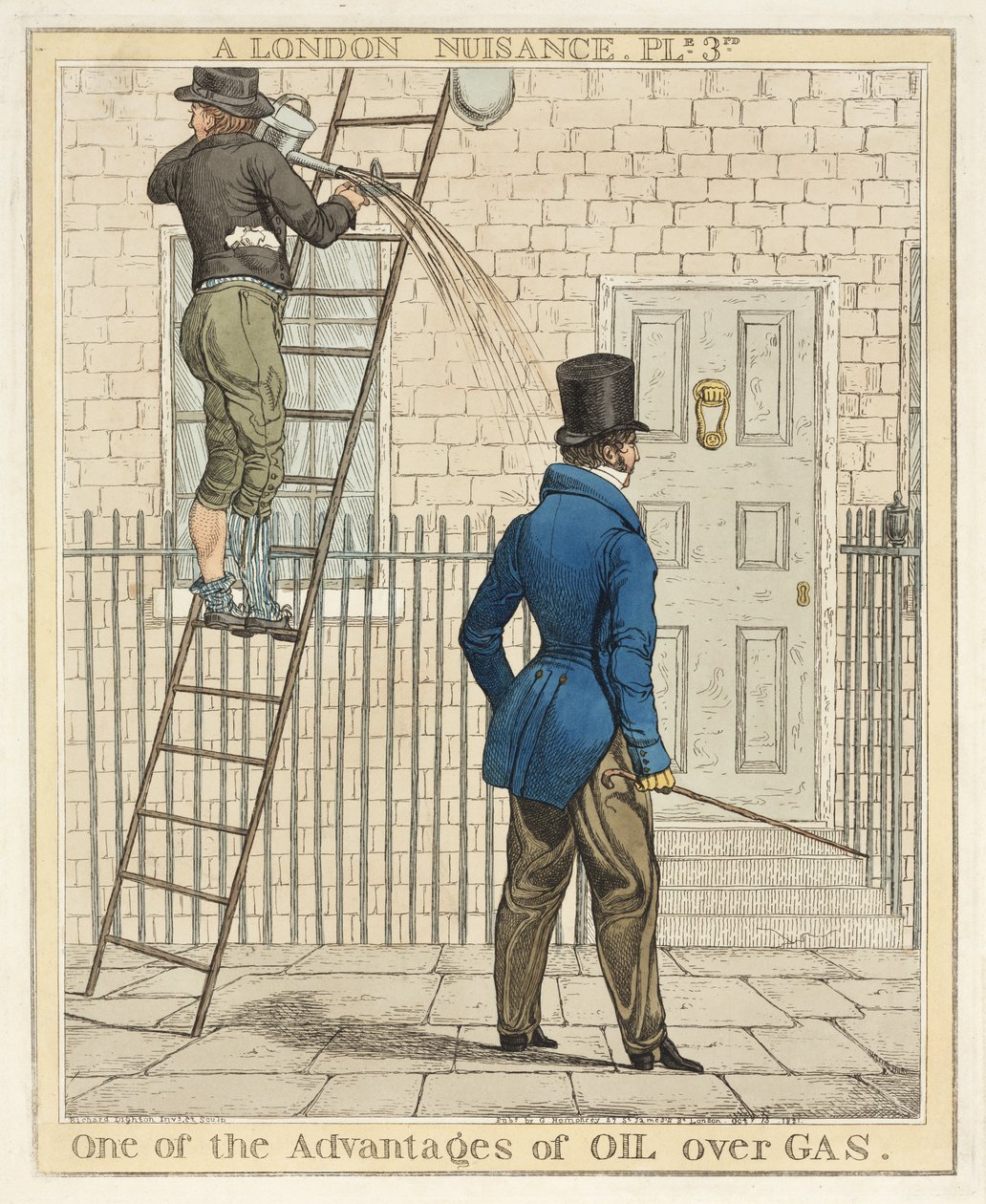 オイルオーバーガスの利点の1つ、A London Nuisanceのプレート3、1821年（手描きのエッチング） 作： リチャード・ダイトン