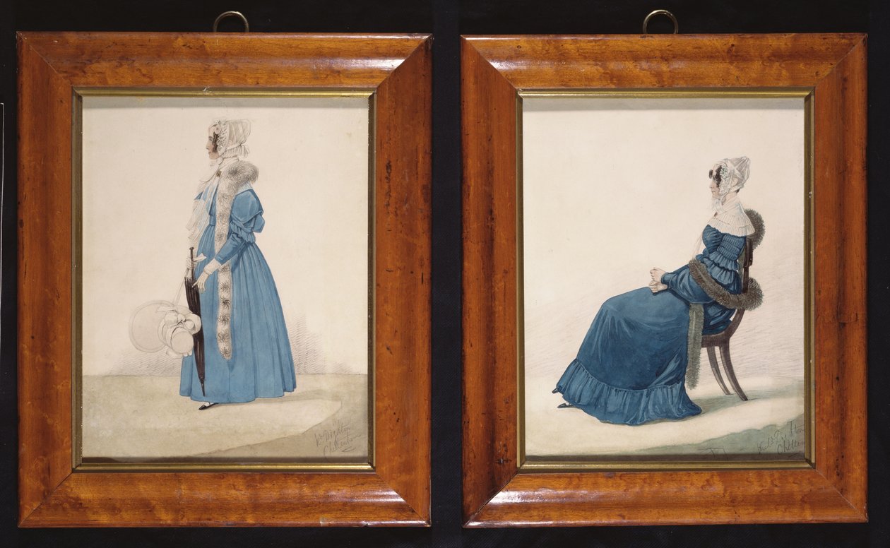 青いドレスを着た着席女性と立っている女性の2つのポートレート、c.1830（紙と紙と鉛筆） 作： リチャード・ダイトン
