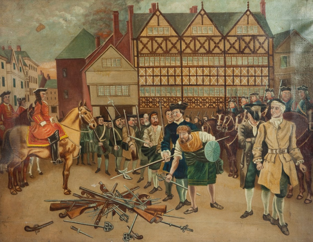 1715年にプレストンマーケットプレイスでウィル将軍に武器を投下したジャコバイト軍 作： リチャード・ホームズ