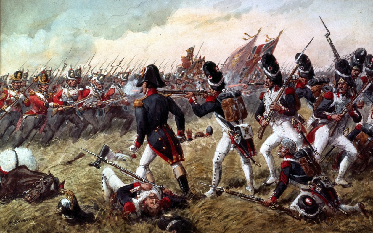 1815年6月18日、ウォータールーの戦いで古いガードの最後の突撃を撃退する第3歩兵連隊 作： リチャード・シムキン