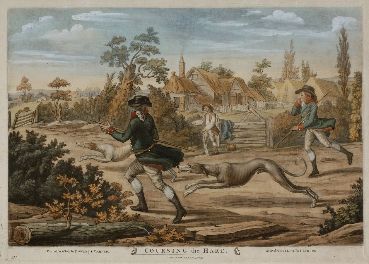 1796年に出版されたBowles & Carver社のために印刷された「Coursing the Hare」(メゾチント) 作： リチャード（後）ダイトン
