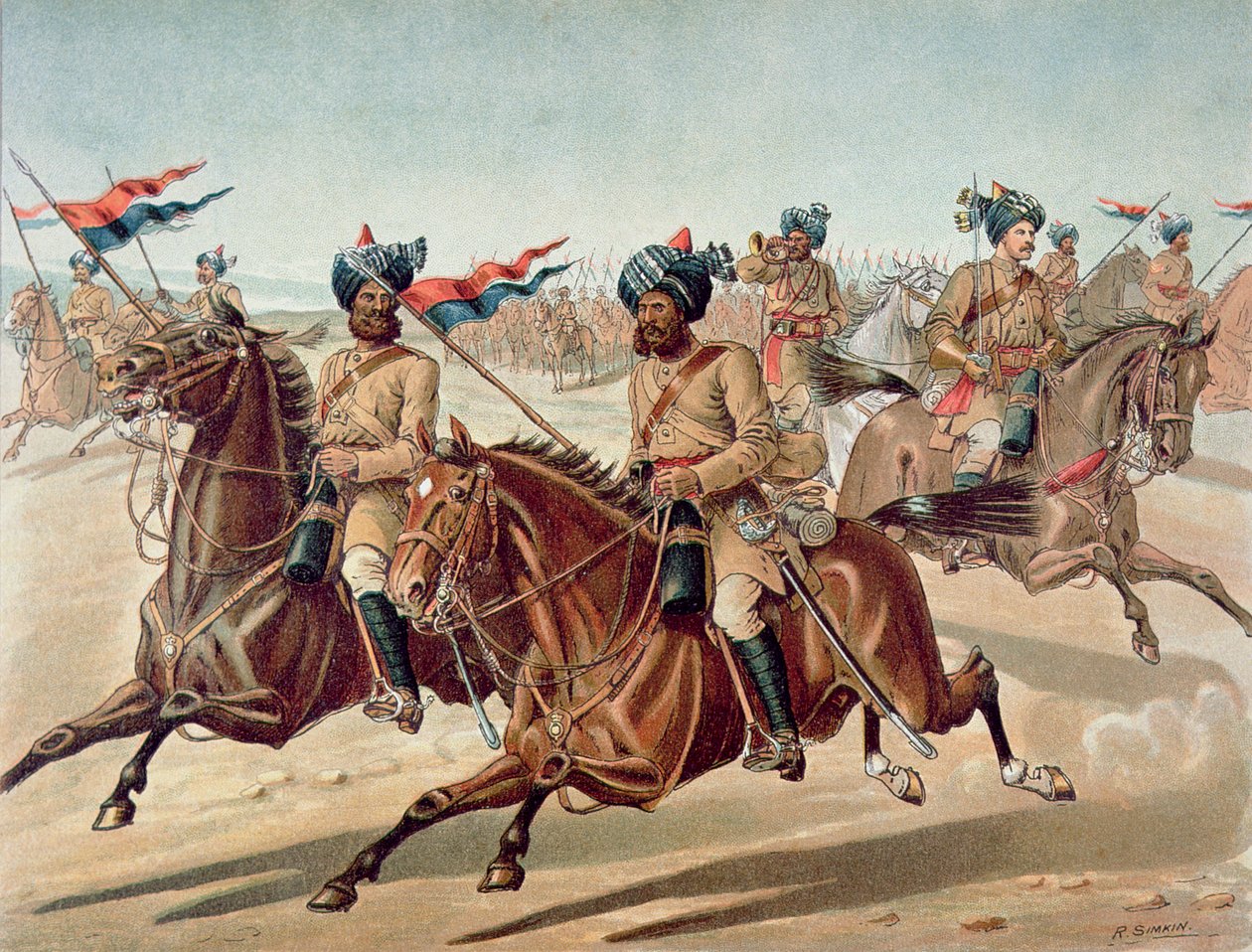 1880年代の英印軍、第10ベンガル・ランサーズの偵察隊（フィールドサービスキット）（カラーリトグラフ 作： リチャード（後）シムキン