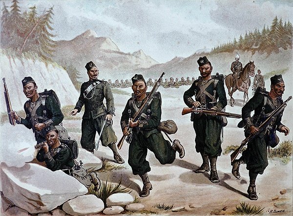小競り合いをするガーカス第3軍、1880年代の英印軍（カラーリトグラフ） 作： リチャード（後）シムキン