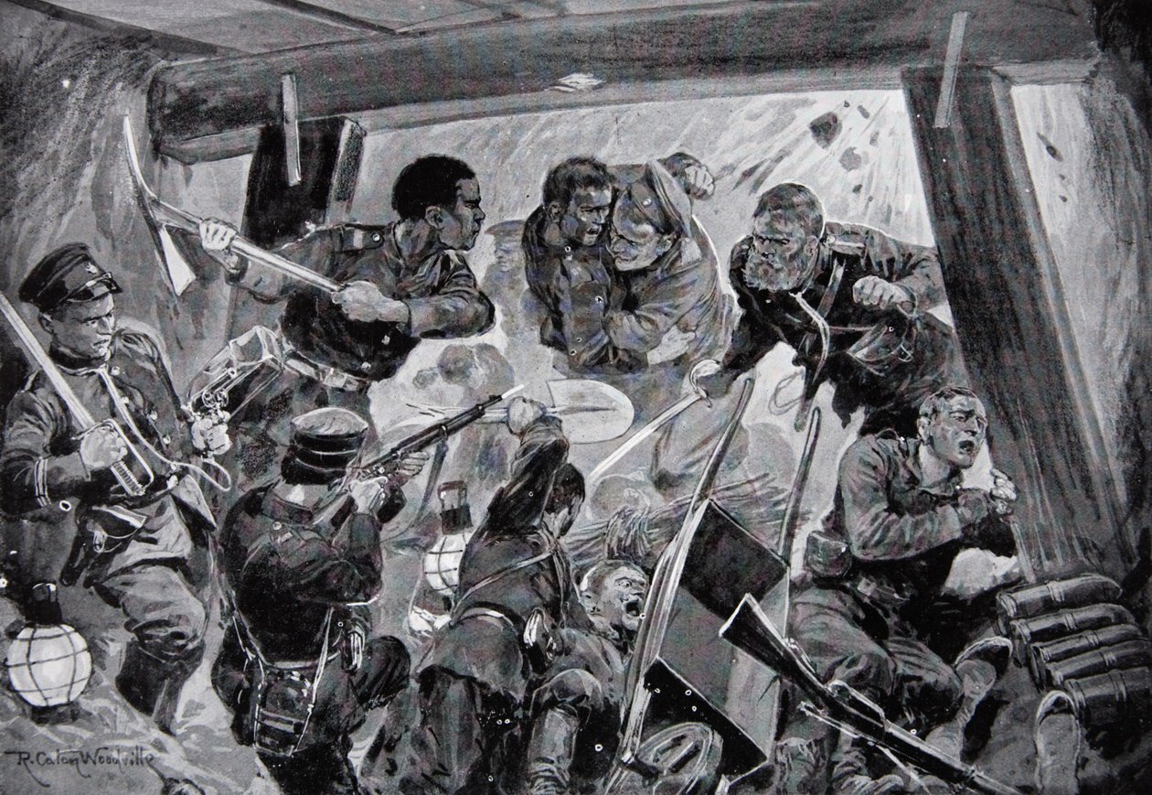 日露戦争：旅順の土塁での手に汗握る戦い（「国民の歴史」からの挿絵）（リトグラフ 作： リチャード・ケートンII（後）ウッドビル
