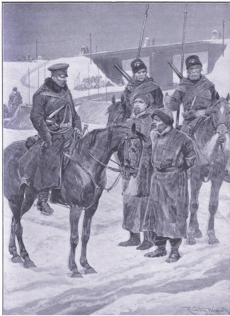 カッシーズから発見された日本のスパイの逮捕、カッセルの日露戦争第1巻のイラスト、1900年頃 作： リチャード・カトン・ウッドビル