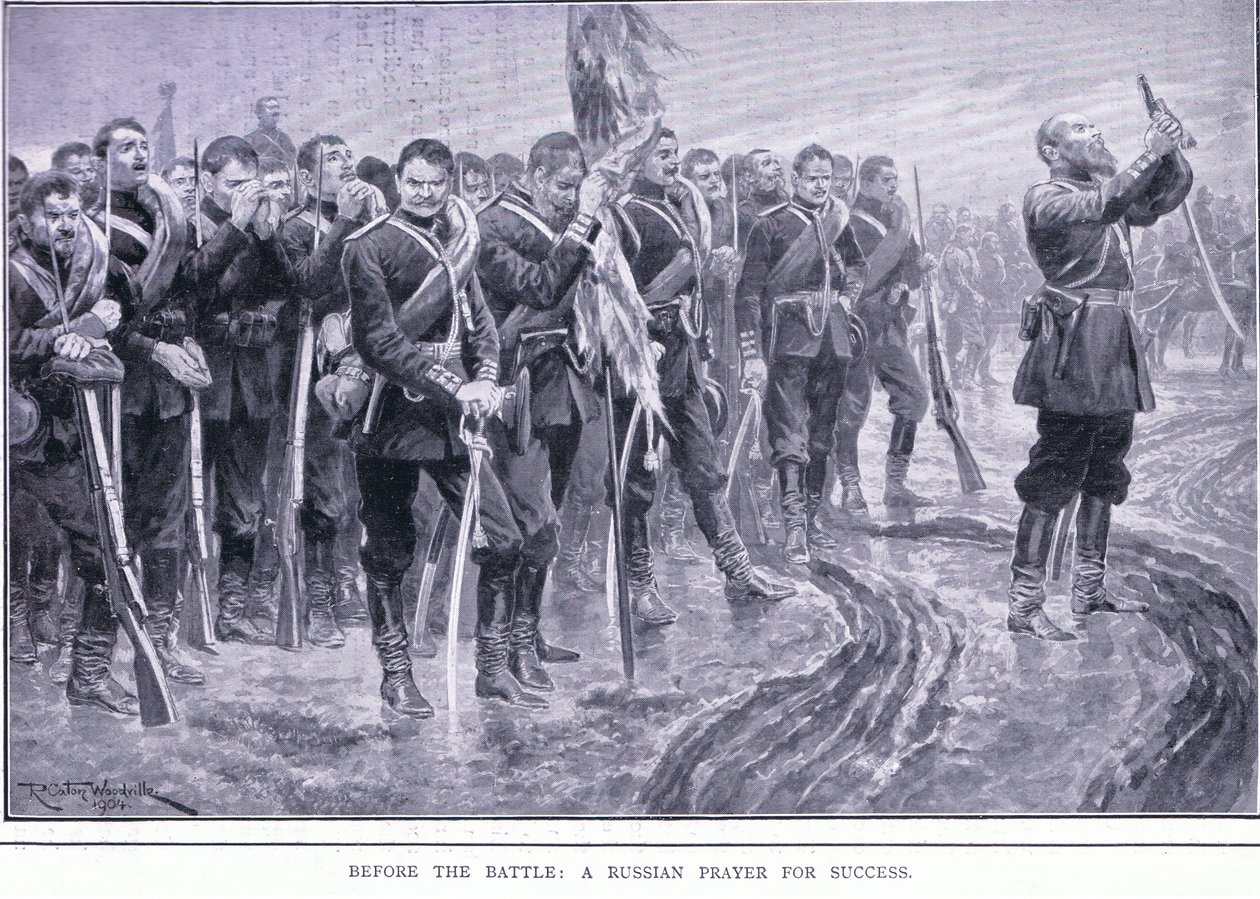 戦闘前：ロシアの成功を祈る、カッセルの日露戦争の歴史第1巻、1900年 作： リチャード・カトン・ウッドビル
