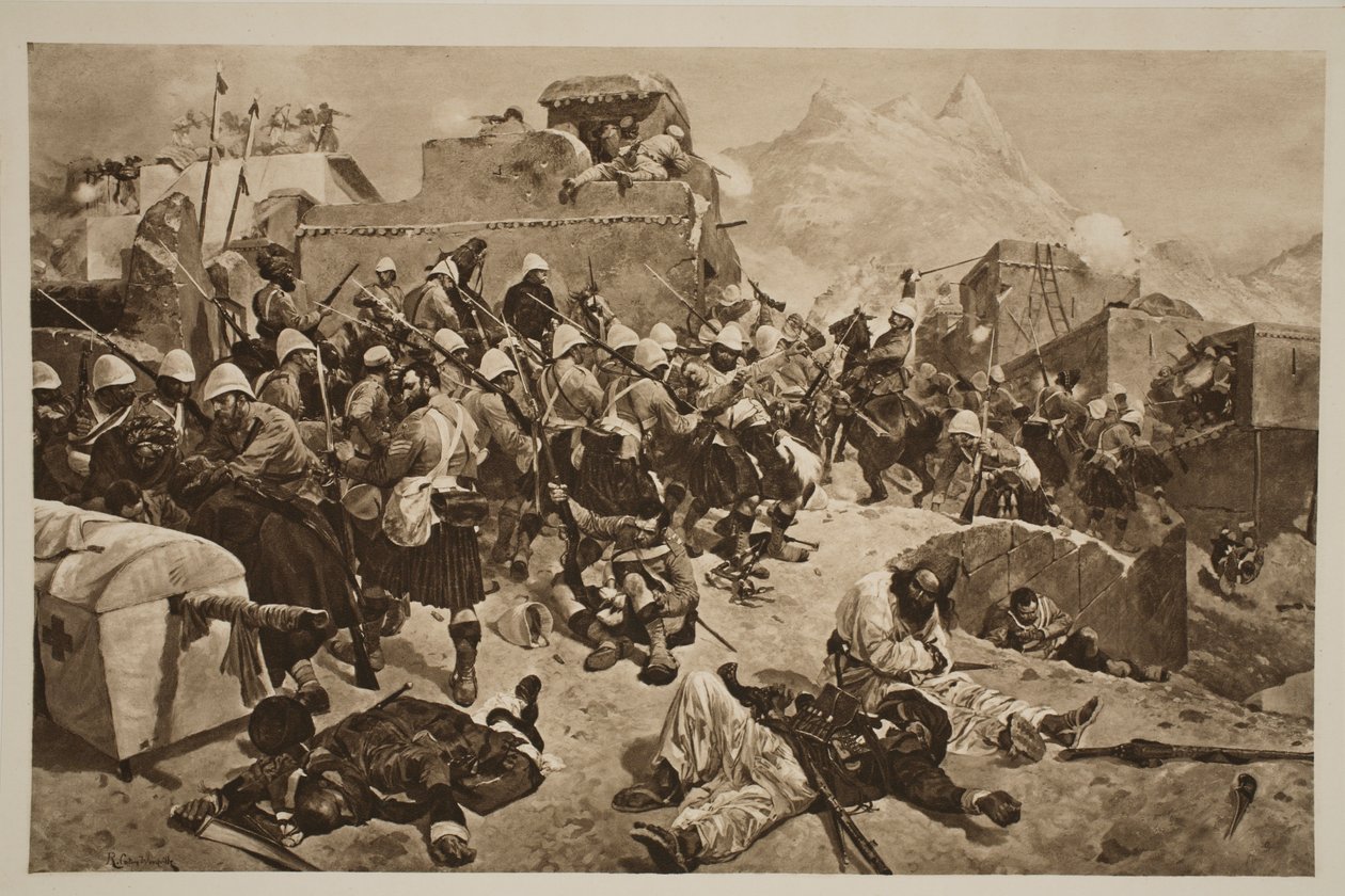 カンダハール：「The Illustrated London News」（1901年）の第92回ハイランダーと第2回グルカストウミングガウディムラサヒブダッド 作： リチャード・カトン・ウッドビル