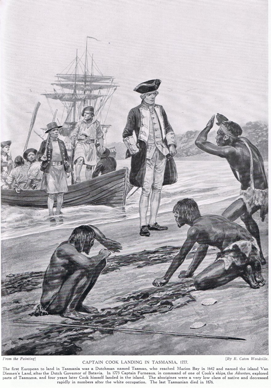 キャプテンクックがタスマニアに上陸、1777年、「ハッチンソンのイギリス国民の物語」、1923年頃のイラスト 作： リチャード・カトン・ウッドビル