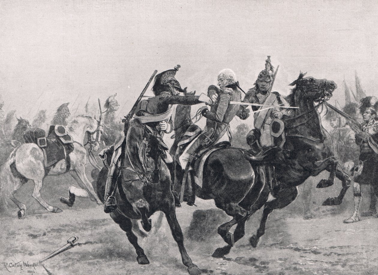 1910年頃、ロンドンのカッセルから出版された「陸と海でのイギリスの戦い」のイラスト、フランスの竜騎士団によるラルフアバクロンビーへの攻撃 作： リチャード・カトン・ウッドビル