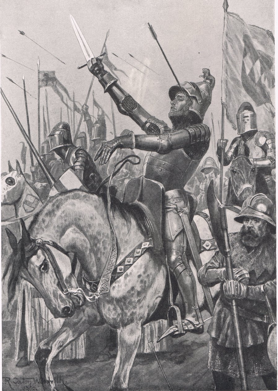 1403年7月21日、ヘンリーホットスパーの死、「陸と海での英国の戦い」のイラスト、ロンドン、カッセル発行、1910年 作： リチャード・カトン・ウッドビル