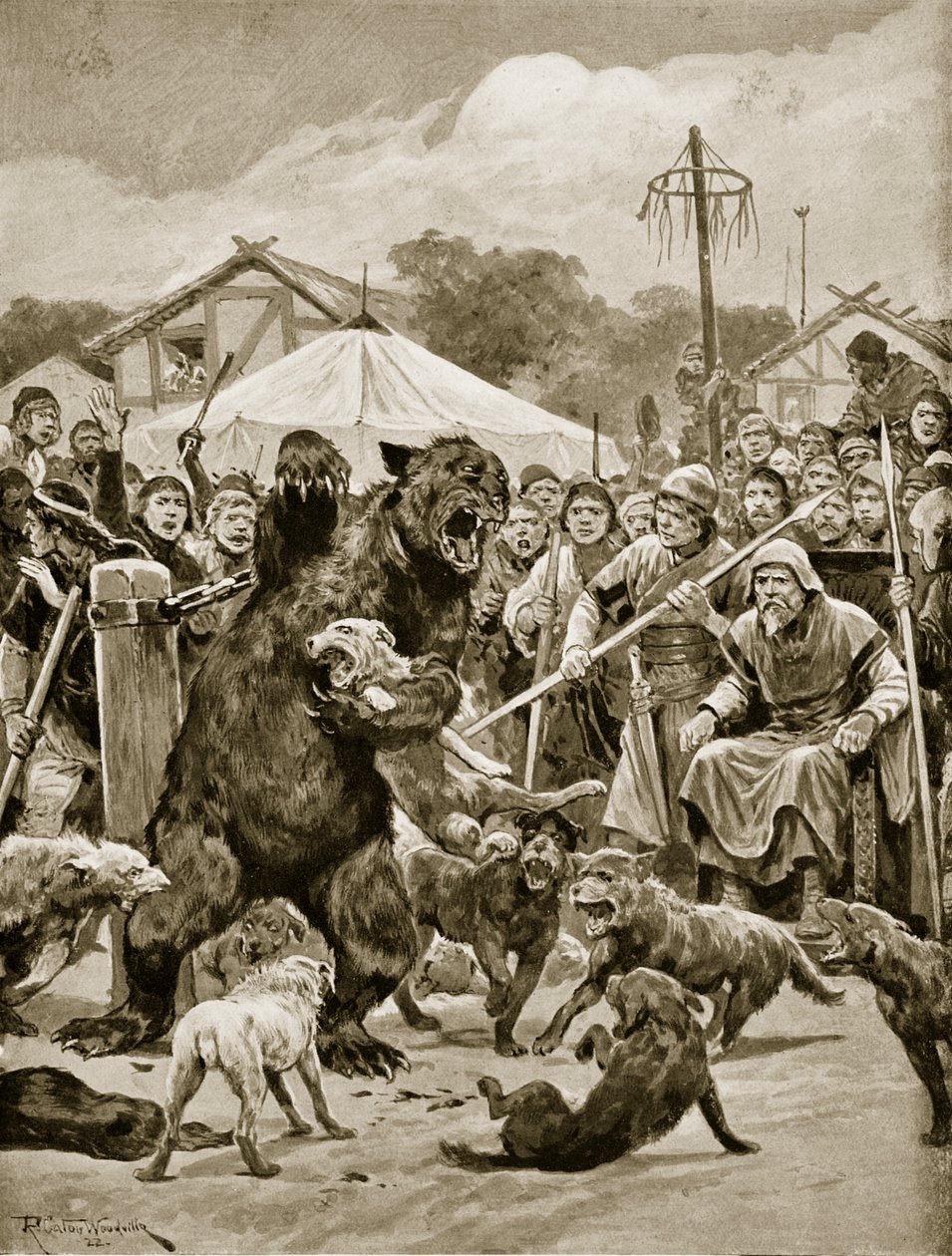 サクソンタイムズでのクマの餌、「ハッチンソンのイギリス国民の物語」、1920年頃のイラスト 作： リチャード・カトン・ウッドビル・ジュニア