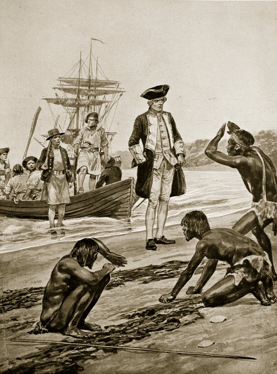 キャプテンクックがタスマニアに上陸、1777年、「ハッチンソンのイギリス国民の物語」、1923年頃のイラスト 作： リチャード・カトン・ウッドビル・ジュニア