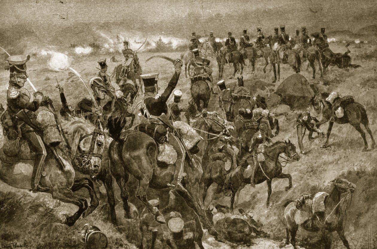 タラベラでの竜騎兵の任務、「ハッチンソンのイギリス国民の物語」、1923年頃のイラスト 作： リチャード・カトン・ウッドビル・ジュニア
