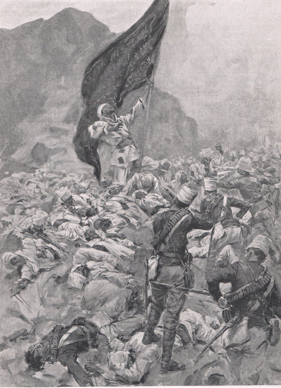 オムドゥルマン：1898年9月2日、黒旗の最後の旗手、陸と海でのイギリスの戦い、1915年のイラスト 作： リチャード・カトン・ウッドビル・ジュニア