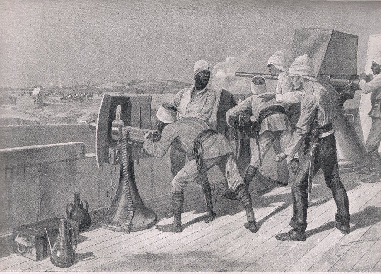 ナイル川を上る途中：ダービッシュでの発砲、陸と海でのイギリスの戦いのイラスト、1915 作： リチャード・カトン・ウッドビル・ジュニア