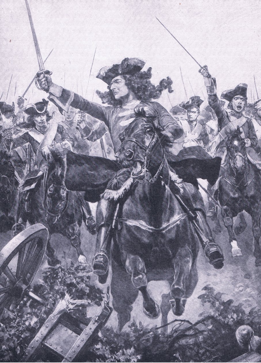 1708年7月11日のオーデナルドの戦いでのマールボロ公爵、陸と海でのイギリスの戦い、1915年のイラスト 作： リチャード・カトン・ウッドビル・ジュニア