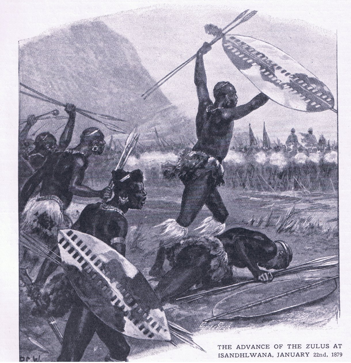1879年1月22日のイサンドルワナでのズールスの前進、1915年の陸と海でのイギリスの戦いのイラスト 作： リチャード・カトン・ウッドビル・ジュニア