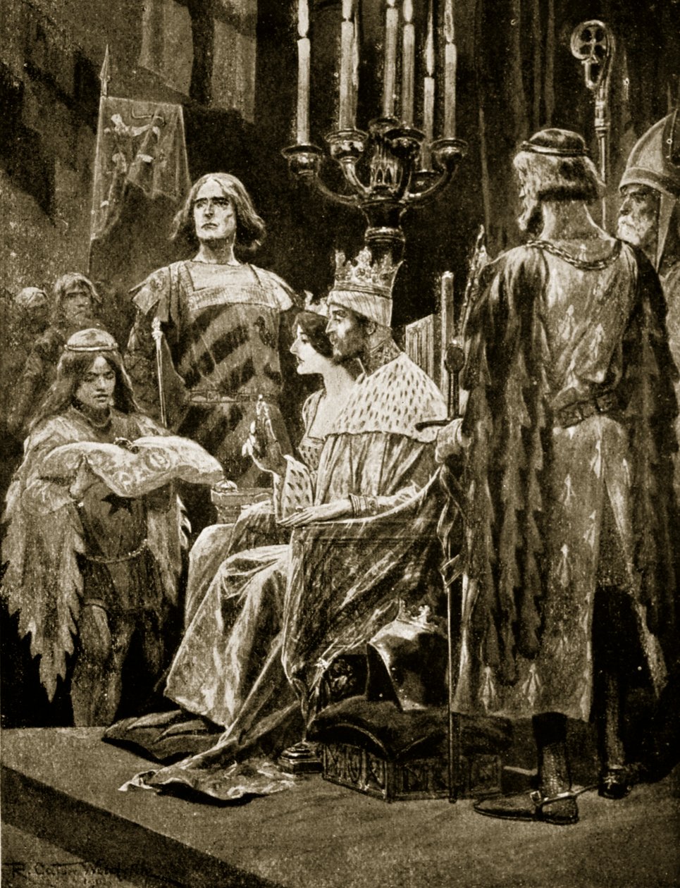 エドワード2世の戴冠式、1308年、「ハッチンソンのイギリス国民の物語」、1920年頃のイラスト 作： リチャード・カトン・ウッドビル・ジュニア